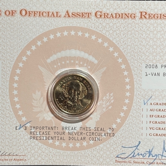 NIB 2008 Presidential VAN BUREN Coin w/ Certificate Of Asset Grading Medallion - Picture 2 of 2
